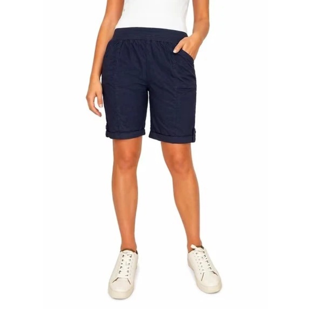 Briggs Womens Pull-On Bermuda Shorts Navy Blue Cotton Linen Blend Pockets XS